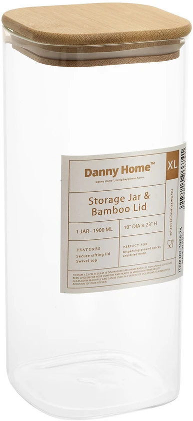 Home4You Bamboo Sandėliavimo indelis JAR 10x10xH23cm 1900ml su bambukiniu dangteliu, stiklas