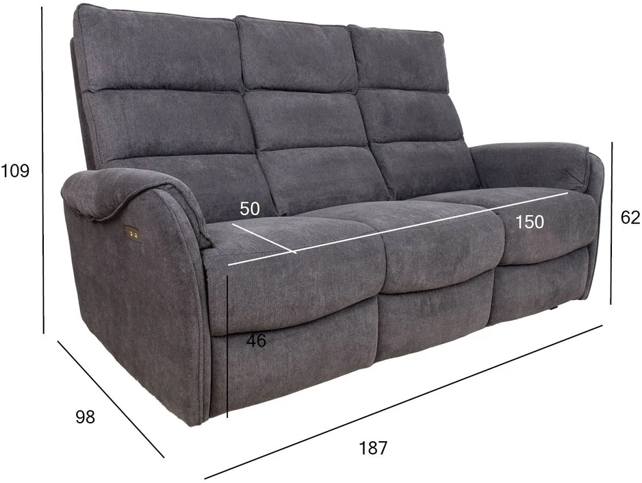 Home4You Trivietė atlošiama sofa BOWERS su elektriniu mechanizmu, melsvai pilka