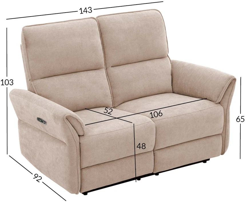 Home4You Atlošiama sofa DAMIKA 2 vietų su elektriniu mechanizmu, šviesiai ruda