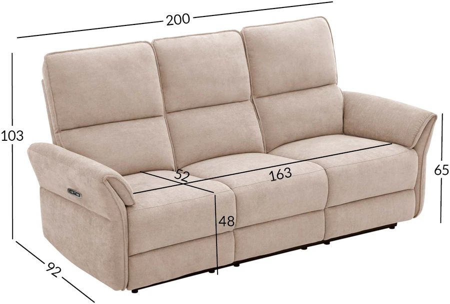 Home4You Atlošiama sofa DAMIKA, 3 vietų, su elektriniu mechanizmu, šviesiai ruda