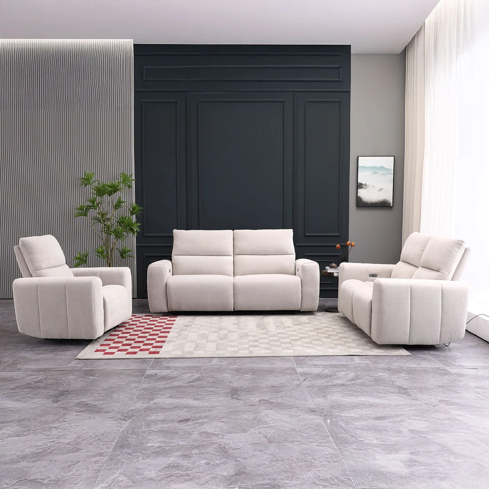 Home4You Trivietė atlošiama sofa MATIAS su elektriniu mechanizmu, šviesiai smėlio spalvos