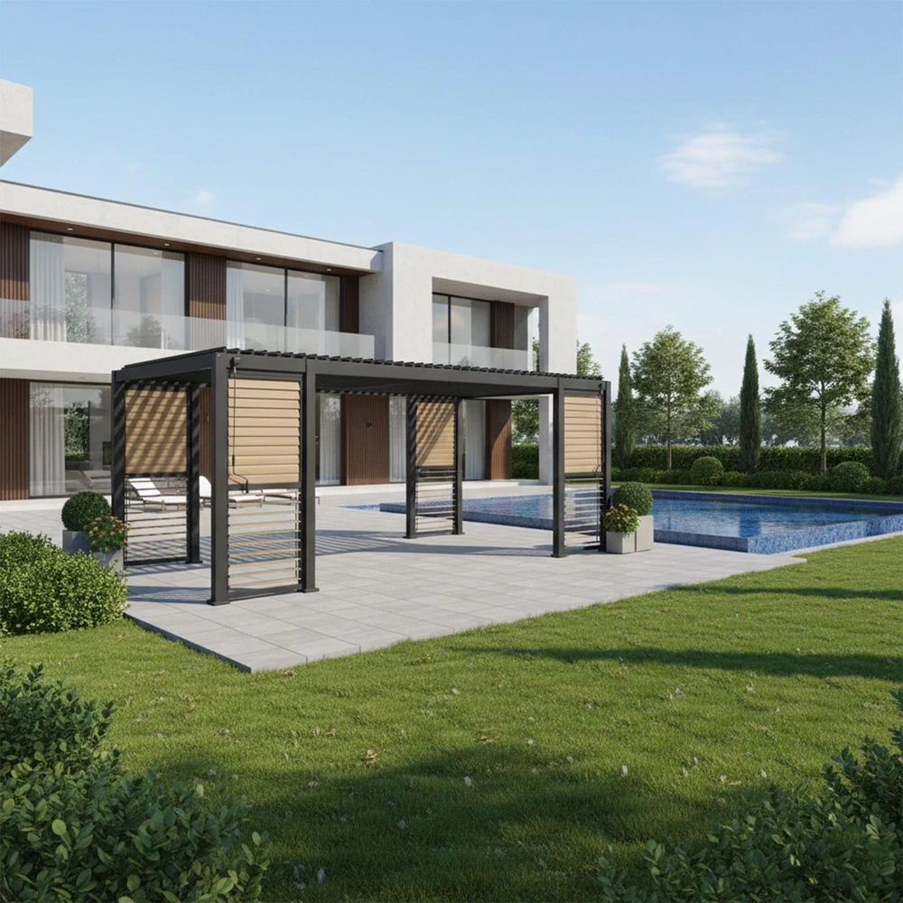 Home4You Dark Pavėsinė MIRADOR-111 su žaliuzinėmis sienelėmis 3x6m, tamsiai pilka