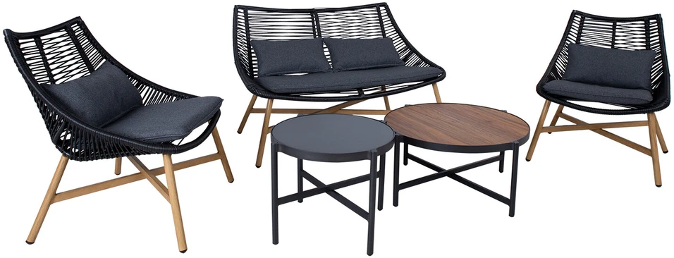 Home4You Lauko baldų komplektas HELSINKI, sofa, 2 kėdės ir 2 stalai, rėmas: aliuminis su plastikinių vytelių apdaila, spalva: juoda