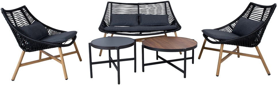 Home4You Lauko baldų komplektas HELSINKI, sofa, 2 kėdės ir 2 stalai, rėmas: aliuminis su plastikinių vytelių apdaila, spalva: juoda