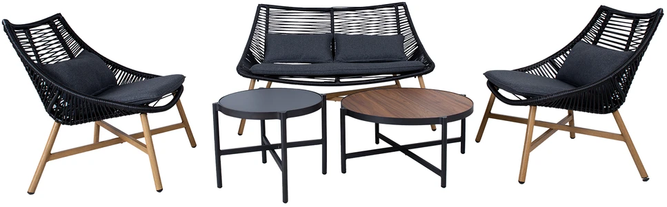Home4You Lauko baldų komplektas HELSINKI, sofa, 2 kėdės ir 2 stalai, rėmas: aliuminis su plastikinių vytelių apdaila, spalva: juoda