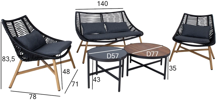 Home4You Lauko baldų komplektas HELSINKI, sofa, 2 kėdės ir 2 stalai, rėmas: aliuminis su plastikinių vytelių apdaila, spalva: juoda