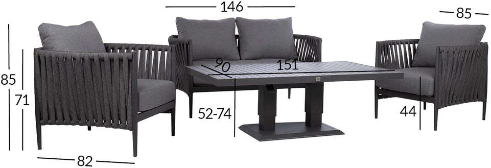 Lauko baldų komplektas Home4You Sodo baldų komplektas BRISTOL stalas, sofa ir 2 kėdės, pilkas