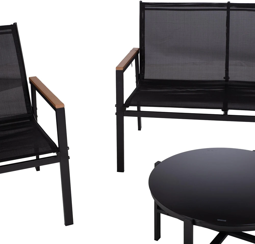 Lauko baldų komplektas Home4You Bench Sodo baldų komplektas CANAAN stalas, suolas ir 2 kėdės, juodas