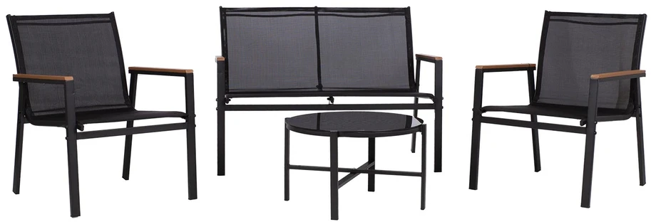 Lauko baldų komplektas Home4You Bench Sodo baldų komplektas CANAAN stalas, suolas ir 2 kėdės, juodas