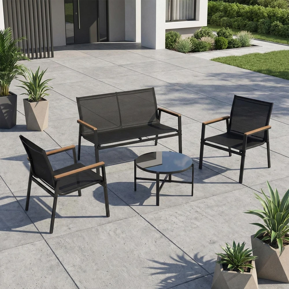 Lauko baldų komplektas Home4You Bench Sodo baldų komplektas CANAAN stalas, suolas ir 2 kėdės, juodas