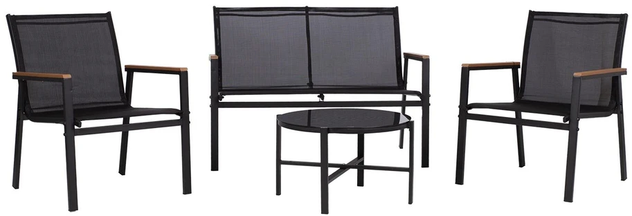 Lauko baldų komplektas Home4You Bench Sodo baldų komplektas CANAAN stalas, suolas ir 2 kėdės, juodas