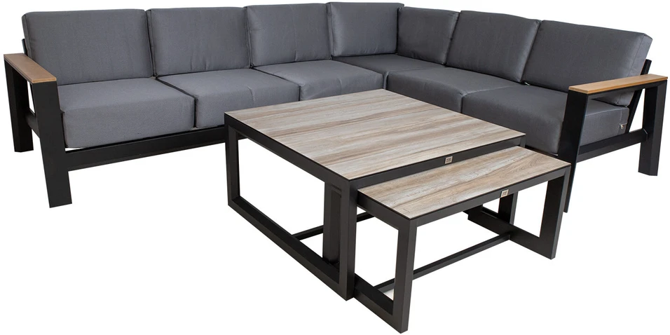 Lauko baldų komplektas Home4You Sodo baldų komplektas FELINO corner sofa, 2 tables, juodas