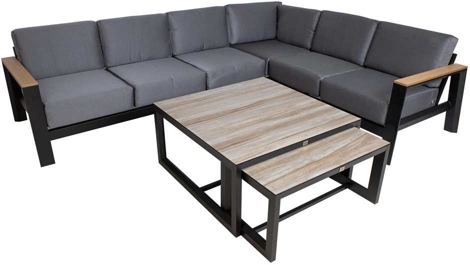 Lauko baldų komplektas Home4You Sodo baldų komplektas FELINO corner sofa, 2 tables, juodas