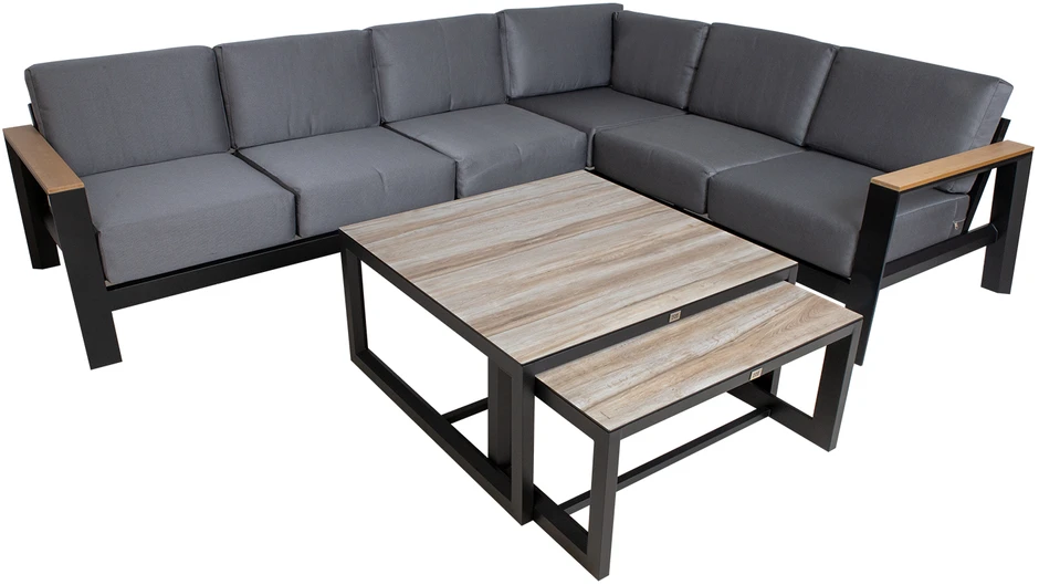 Home4You Lauko baldų komplektas FELNO kampinė sofa, 2 stalai, juodos spalvos