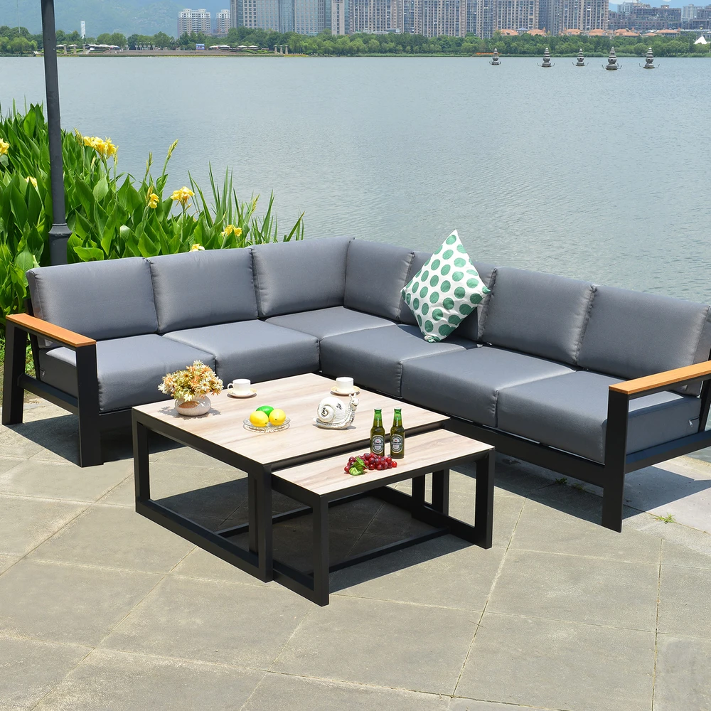 Home4You Lauko baldų komplektas FELNO kampinė sofa, 2 stalai, juodos spalvos