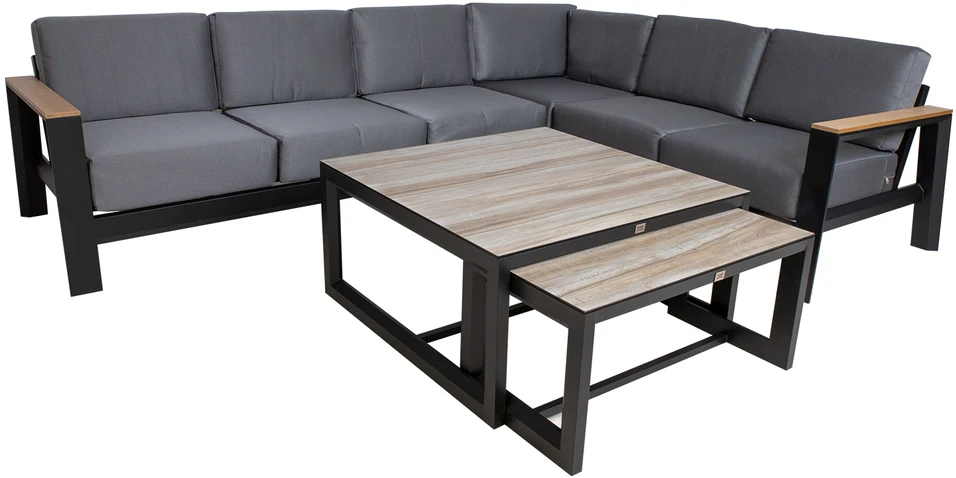 Home4You Lauko baldų komplektas FELNO kampinė sofa, 2 stalai, juodos spalvos
