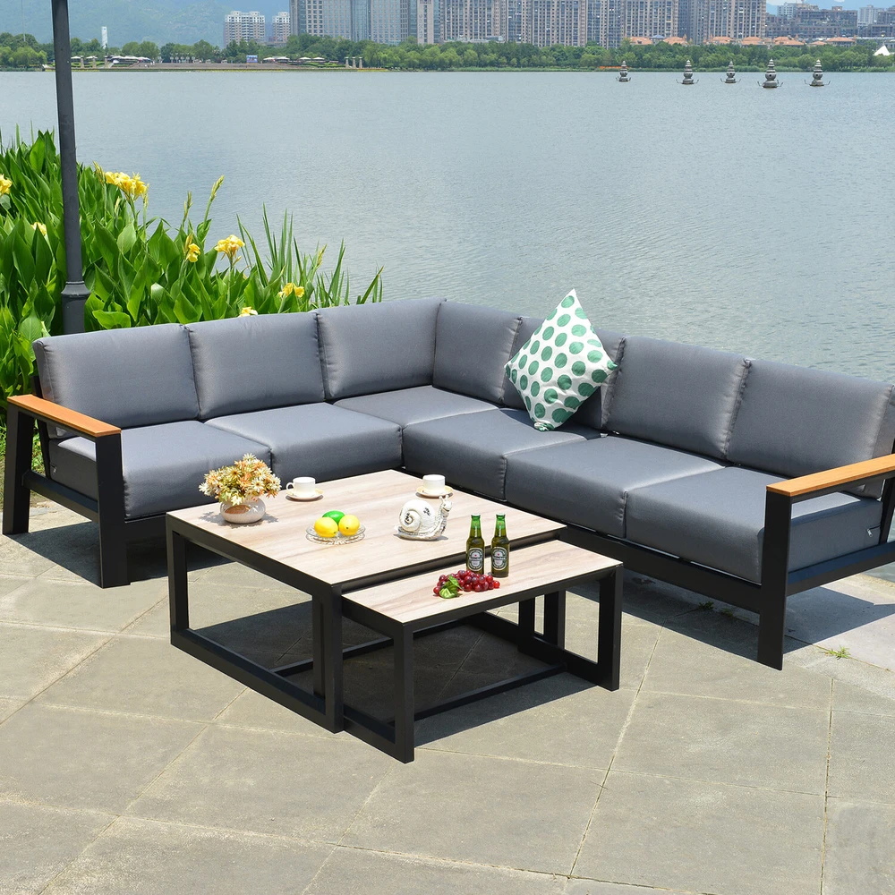 Lauko baldų komplektas Home4You Sodo baldų komplektas FELINO corner sofa, 2 tables, juodas