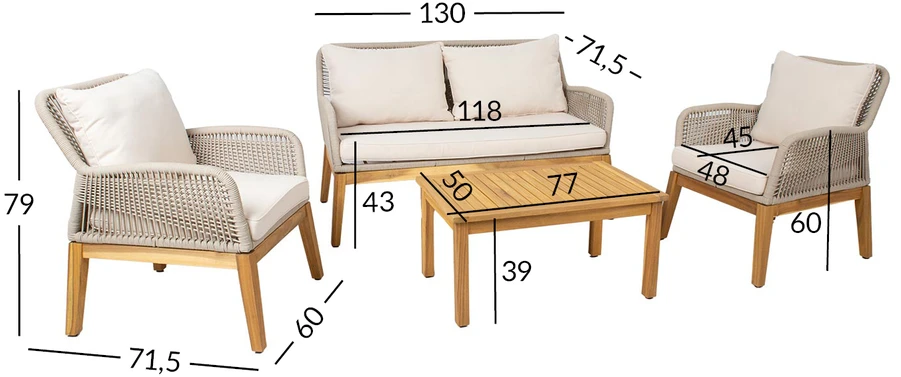 Lauko baldų komplektas Home4You Sodo baldų komplektas FLORIDA stalas, sofa ir 2 foteliai, smėlio spalvos
