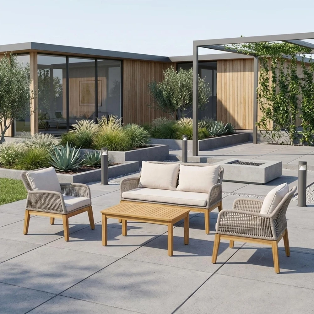 Lauko baldų komplektas Home4You Sodo baldų komplektas FLORIDA stalas, sofa ir 2 foteliai, smėlio spalvos