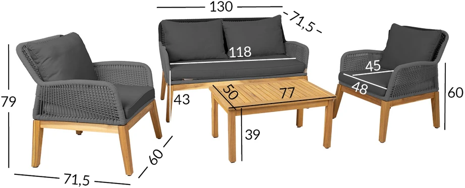Lauko baldų komplektas Home4You Sodo baldų komplektas FLORIDA table, sofa and 2 armchairs, pilkas