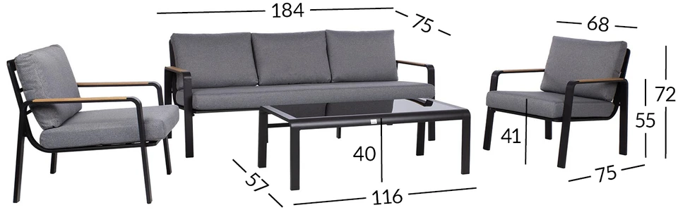 Lauko baldų komplektas Home4You Sodo baldų komplektas LONA table, sofa and 2 chairs, pilkas/juodas
