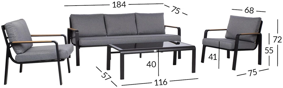 Lauko baldų komplektas Home4You Sodo baldų komplektas LONA table, sofa and 2 chairs, pilkas/juodas
