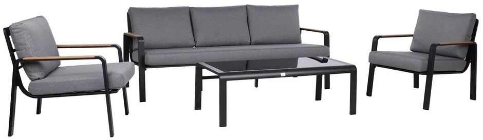 Lauko baldų komplektas Home4You Sodo baldų komplektas LONA stalas, sofa ir 2 kėdės, pilkos/juodos spalvos