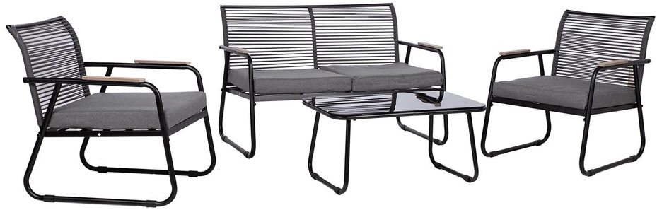 Home4You Lauko baldų komplektas MACOS Sofa, stalas ir 2 kėdės Pilka/Juoda