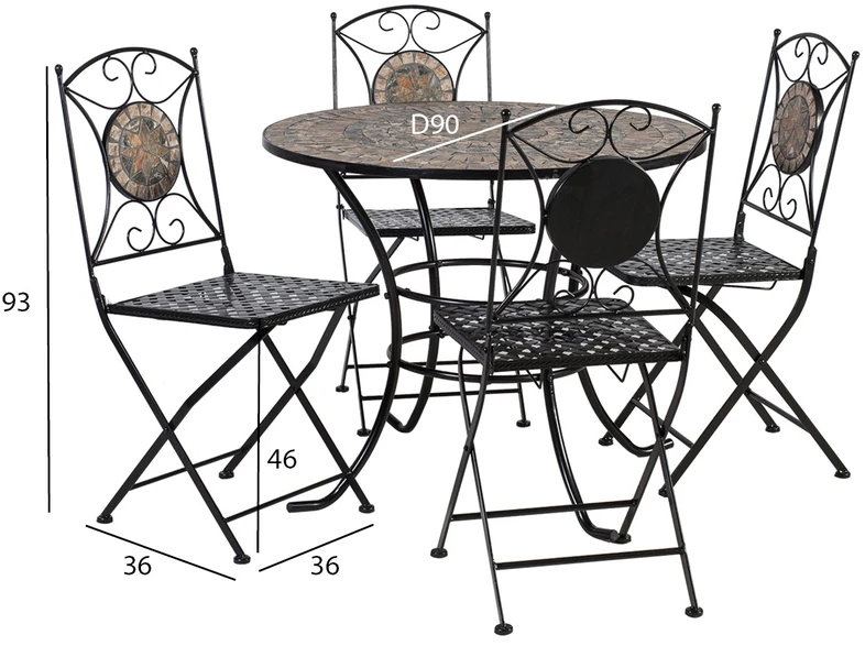 Lauko baldų komplektas Home4You Sodo baldų komplektas MOSAIC stalas ir 4 kėdės (38665), metalinis rėmas, spalva: juoda