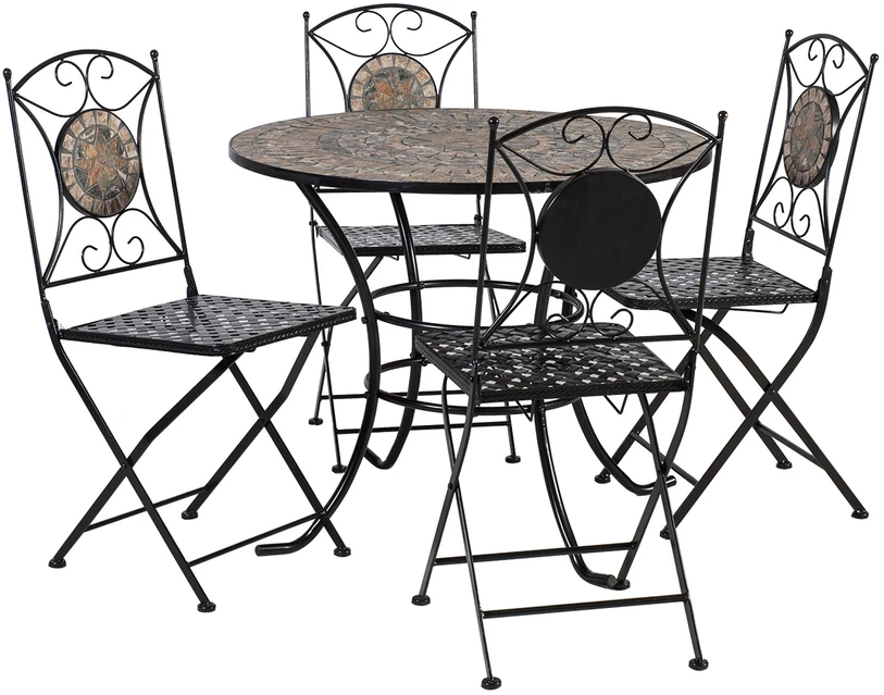 Lauko baldų komplektas Home4You Sodo baldų komplektas MOSAIC stalas ir 4 kėdės (38665), metalinis rėmas, spalva: juoda