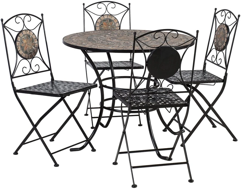 Lauko baldų komplektas Home4You Sodo baldų komplektas MOSAIC stalas ir 4 kėdės (38665), metalinis rėmas, spalva: juoda