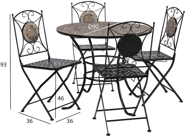 Lauko baldų komplektas Home4You Sodo baldų komplektas MOSAIC stalas ir 4 kėdės (38665), metalinis rėmas, spalva: juoda