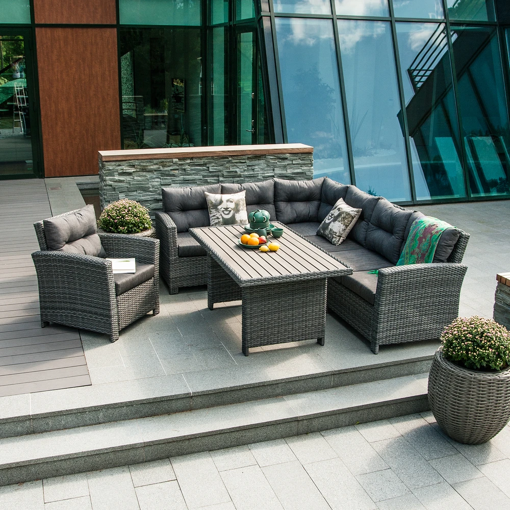 Home4You Lauko baldų komplektas PAVIA stalas, kampinė sofa, tamsiai pilkas