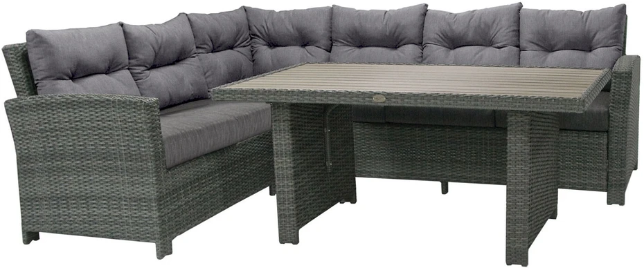 Lauko baldų komplektas Home4You Komplektas PAVIA su pagalvėlėmis, stalas ir kampinė sofa, rėmas: aliuminis su sintetine vytele, spalva: tamsiai pilka
