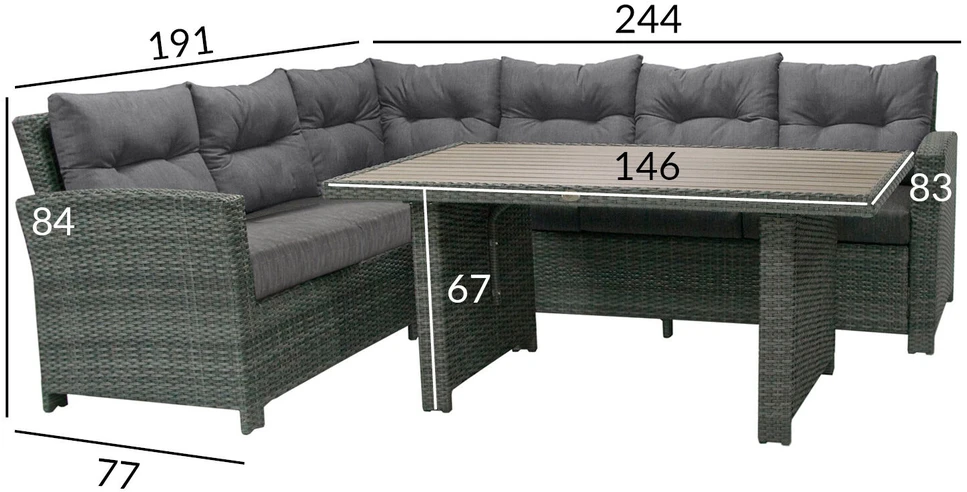 Lauko baldų komplektas Home4You Komplektas PAVIA su pagalvėlėmis, stalas ir kampinė sofa, rėmas: aliuminis su sintetine vytele, spalva: tamsiai pilka