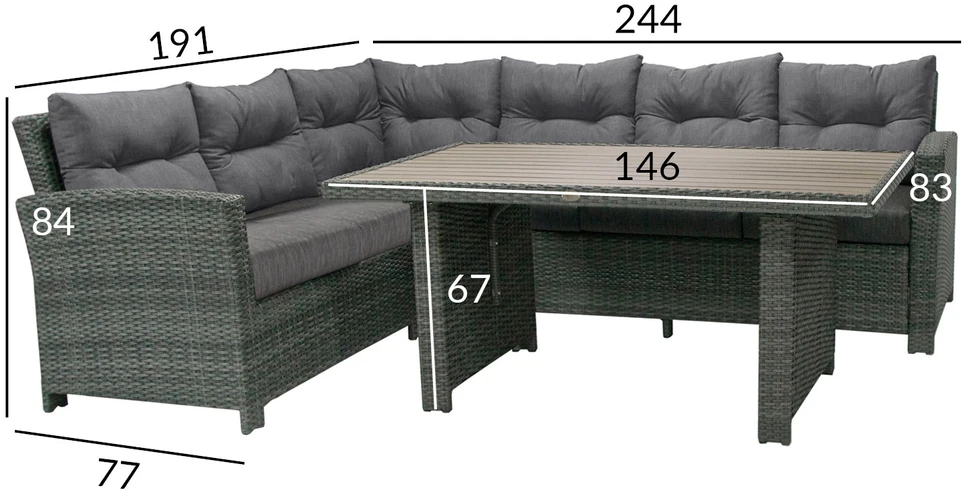Home4You Lauko baldų komplektas PAVIA stalas, kampinė sofa, tamsiai pilkas