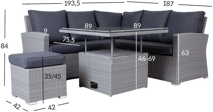 Lauko baldų komplektas Home4You Sodo baldų komplektas SAMUEL stalas, kampinė sofa ir pufas