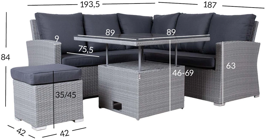 Lauko baldų komplektas Home4You Sodo baldų komplektas SAMUEL stalas, kampinė sofa ir pufas
