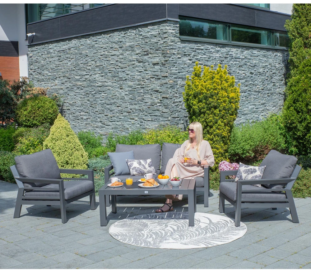 Lauko baldų komplektas Home4You Sodo baldų komplektas TOMSON stalas, sofa ir 2 kėdės, rėmas: aliumininis, pagalvėlės: pilkos