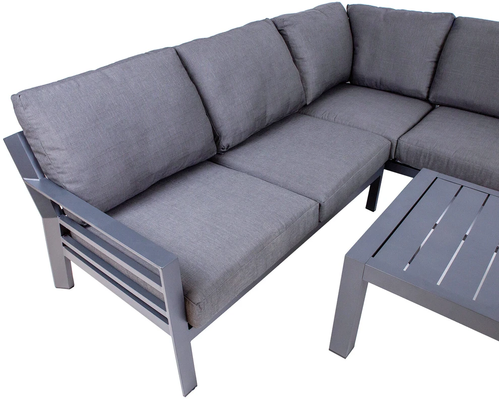 Lauko baldų komplektas Home4You Dark Sodo baldų komplektas TOMSON stalas ir kampinė sofa, tamsiai pilka