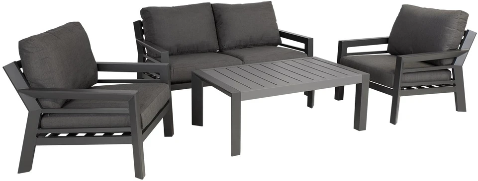 Lauko baldų komplektas Home4You Sodo baldų komplektas TOMSON stalas, sofa ir 2 kėdės, rėmas: aliumininis, pagalvėlės: pilkos