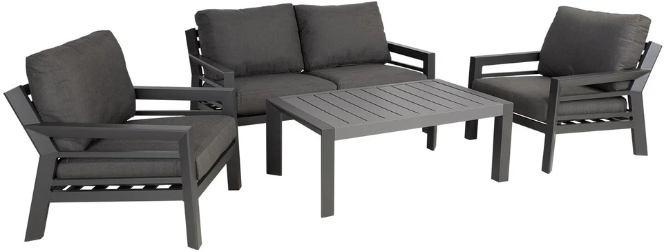 Lauko baldų komplektas Home4You Sodo baldų komplektas TOMSON stalas, sofa ir 2 kėdės, rėmas: aliumininis, pagalvėlės: pilkos