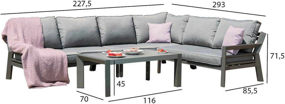Lauko baldų komplektas Home4You Dark Sodo baldų komplektas TOMSON stalas ir kampinė sofa, tamsiai pilka