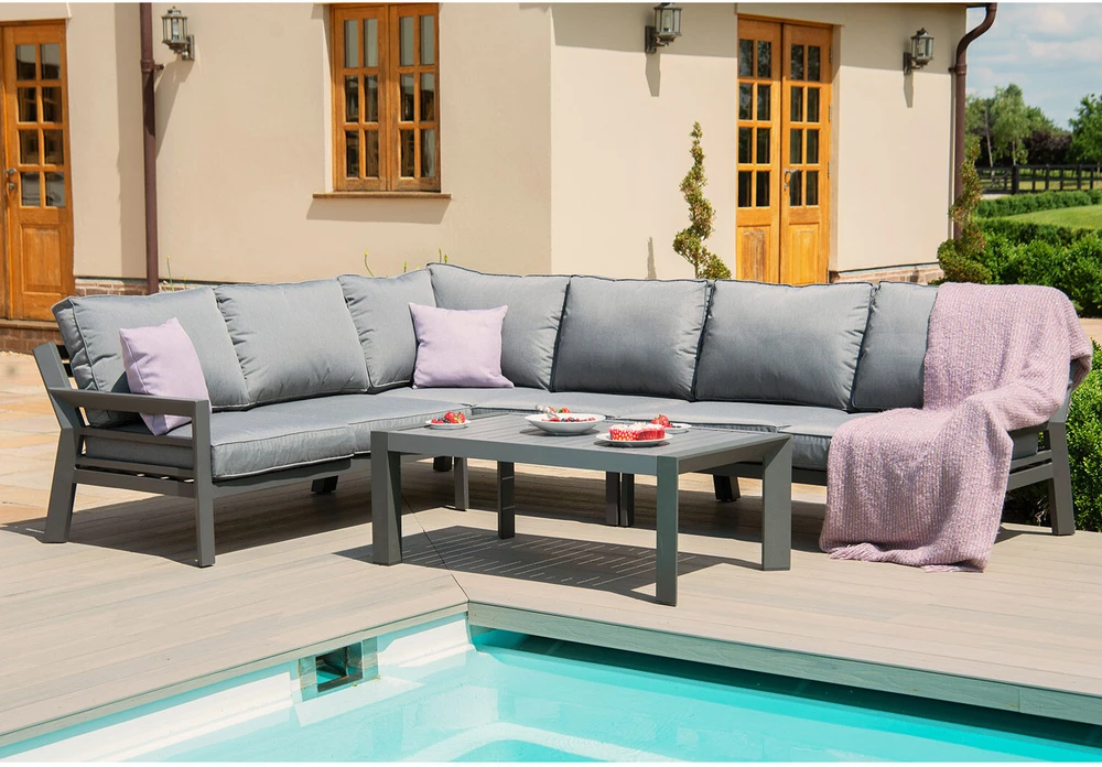Lauko baldų komplektas Home4You Dark Sodo baldų komplektas TOMSON stalas ir kampinė sofa, tamsiai pilka