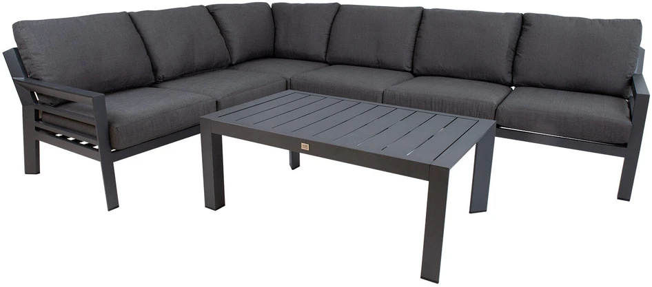 Lauko baldų komplektas Home4You Dark Sodo baldų komplektas TOMSON stalas ir kampinė sofa, tamsiai pilka