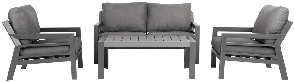 Lauko baldų komplektas Home4You Sodo baldų komplektas TOMSON stalas, sofa ir 2 kėdės, rėmas: aliumininis, pagalvėlės: pilkos