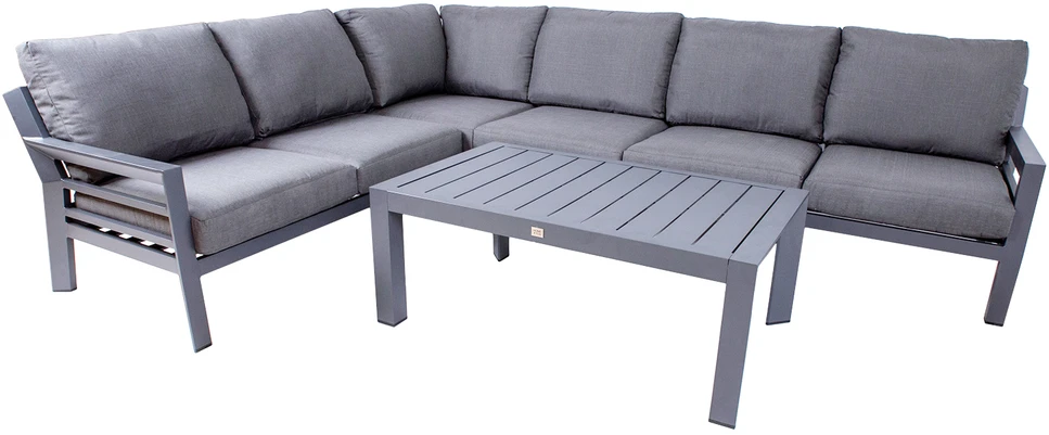Lauko baldų komplektas Home4You Dark Sodo baldų komplektas TOMSON stalas ir kampinė sofa, tamsiai pilka