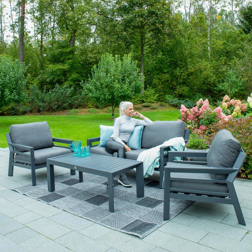 Lauko baldų komplektas Home4You Sodo baldų komplektas TOMSON stalas, sofa ir 2 kėdės, rėmas: aliumininis, pagalvėlės: pilkos