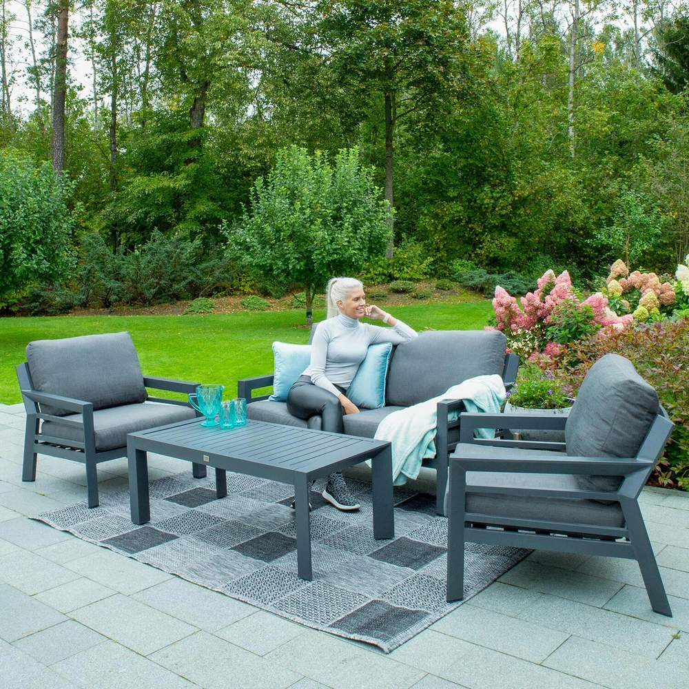 Lauko baldų komplektas Home4You Sodo baldų komplektas TOMSON stalas, sofa ir 2 kėdės, rėmas: aliumininis, pagalvėlės: pilkos