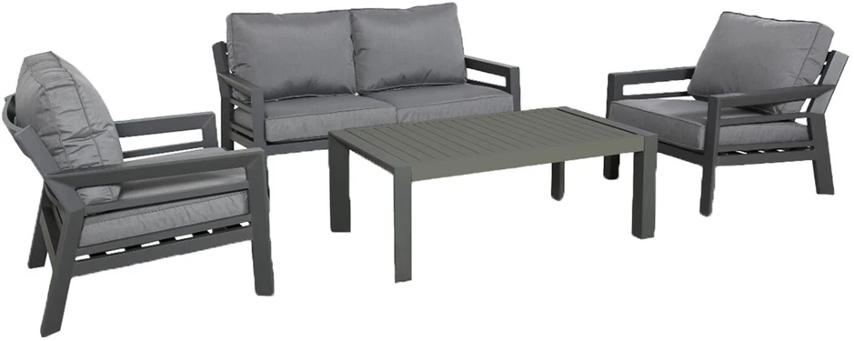 Lauko baldų komplektas Home4You Sodo baldų komplektas TOMSON stalas, sofa ir 2 kėdės, rėmas: aliumininis, pagalvėlės: pilkos
